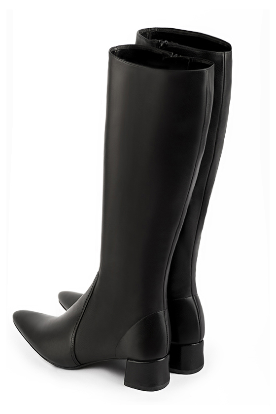 Satin black women's feminine knee-high boots. Tapered toe. Low flare heels. Made to measure. Rear view - Florence KOOIJMAN